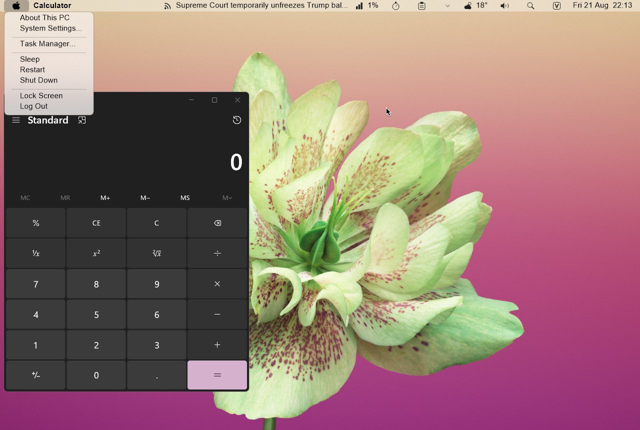 ViFind's menu bar across the top of Windows 11. Its own menu is open — About This PC, System Settings, Task Manager, Sleep, Restart, Shut Down — and the Calculator window behind it shows through the glass. The bar reads 'Calculator' as the active app, with a clock, weather and other widgets on the right.