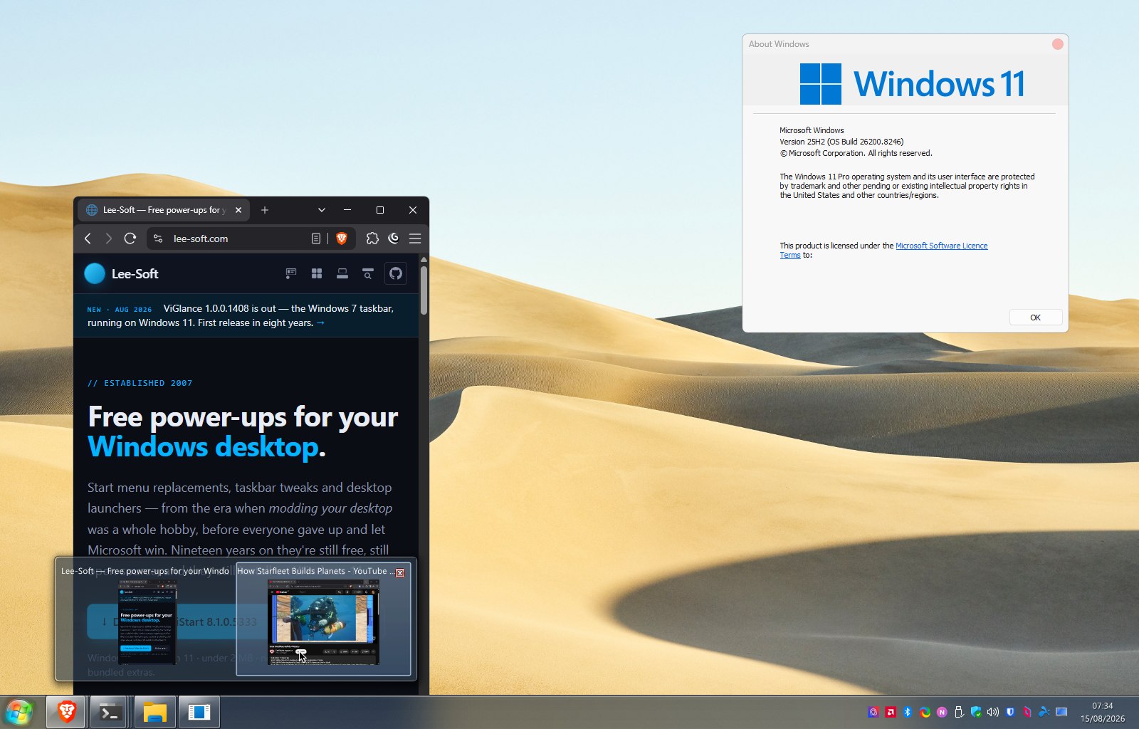 ViGlance running on Windows 11: a Windows 7 style taskbar along the bottom with a start orb and grouped application buttons, a hovered group showing live preview thumbnails of two real windows, and the Windows 11 About box confirming version 25H2.