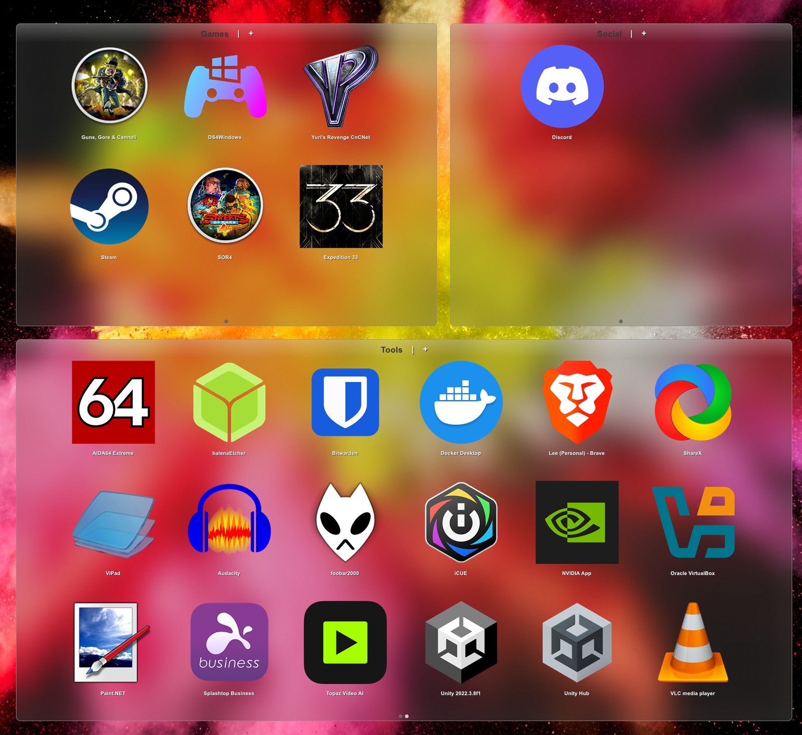 Three labelled ViPad pads — Games, Social and Tools — on a Windows 11 desktop, translucent with the wallpaper blurred behind them.