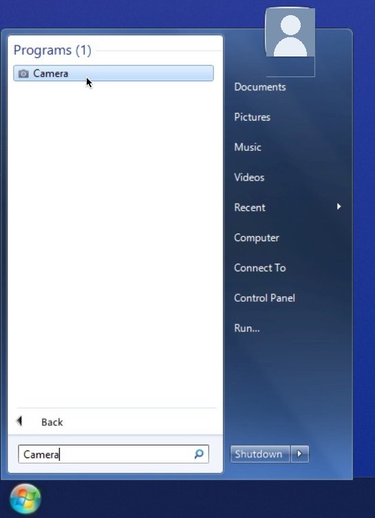 Typing "Camera" into ViStart's search box returns the Microsoft Store Camera app under Programs, with its own icon.