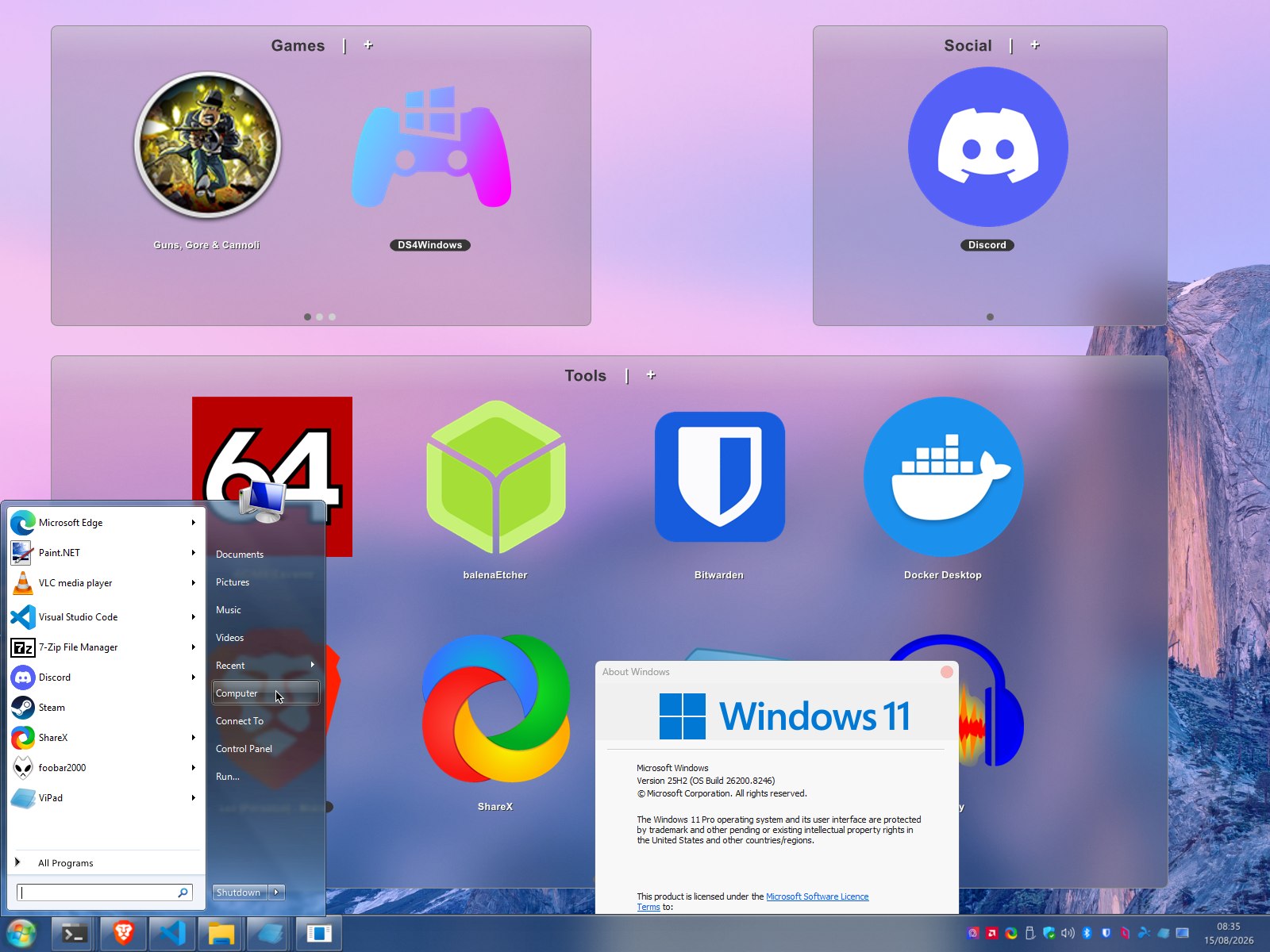 A Windows 11 desktop running three Lee-Soft apps at once: the ViStart Windows 7 start menu open at the left, three translucent ViPad pads holding shortcuts for games, social apps and tools, and the ViGlance Windows 7 taskbar along the bottom. A Windows About box confirms Windows 11 version 25H2.